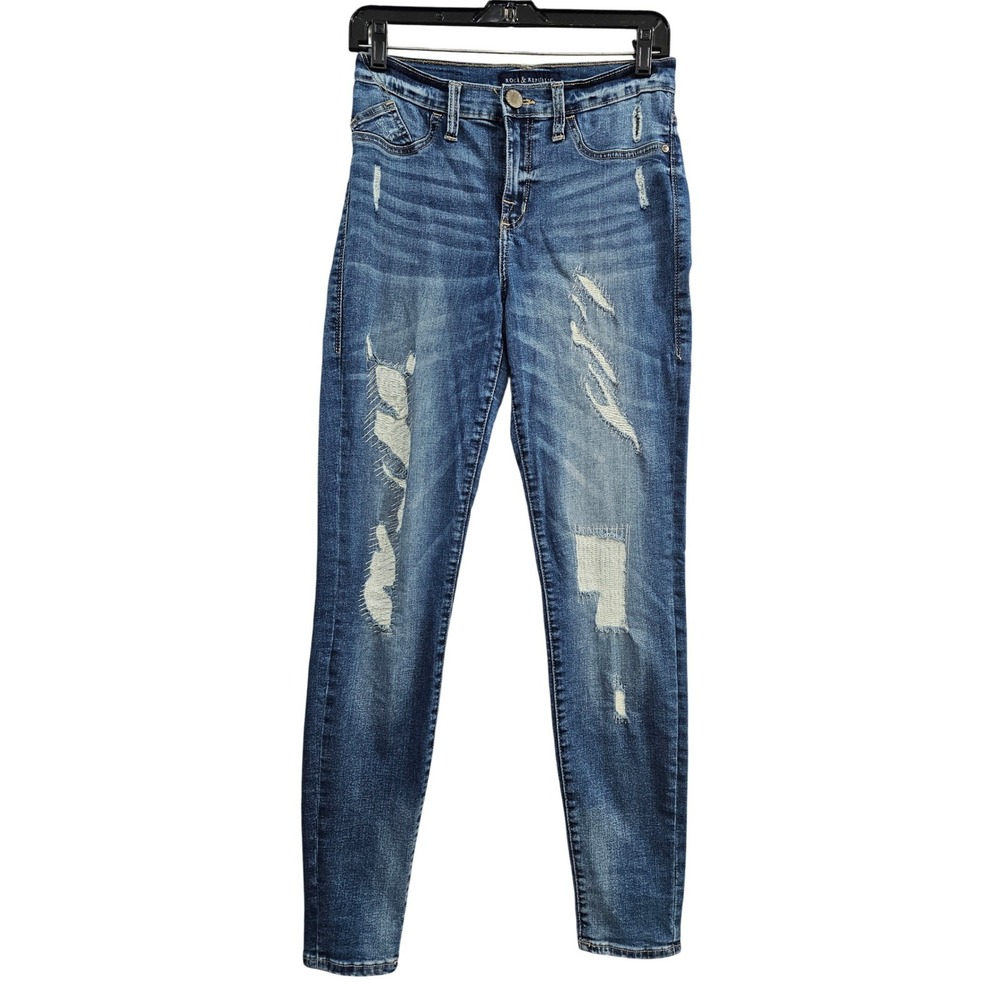 Rock & Republic Kashmiere Jeans Womens 8M Blue Distressed Patched Skinny Stretch